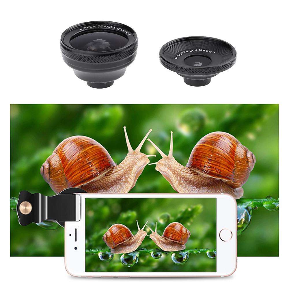 Hd optical glass wide angle + 20x macro lens camera clip kit