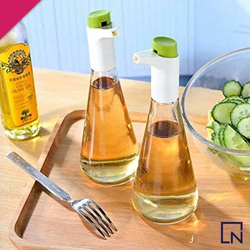 Oil - vinegar cruet set with adjustable flow control - green