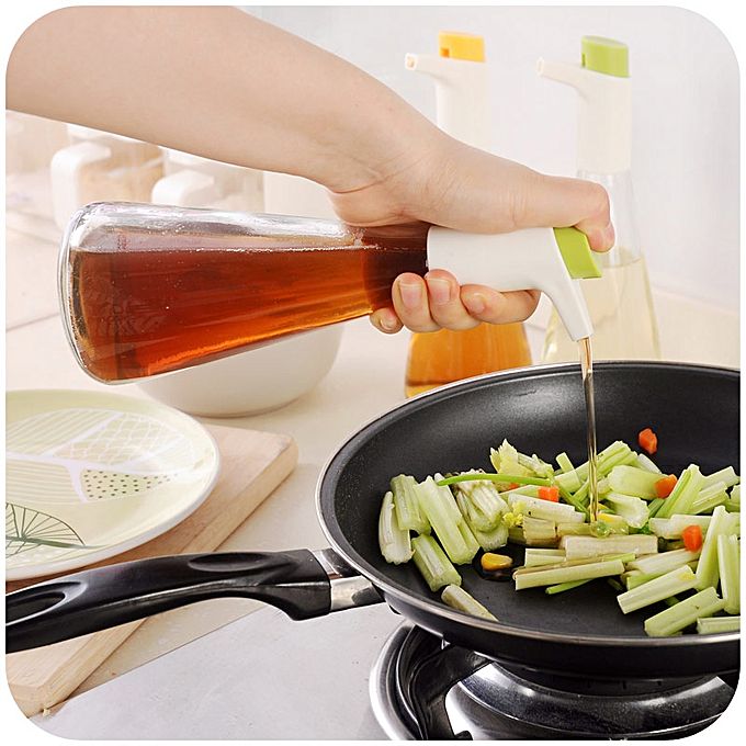 Oil - vinegar cruet set with adjustable flow control - green
