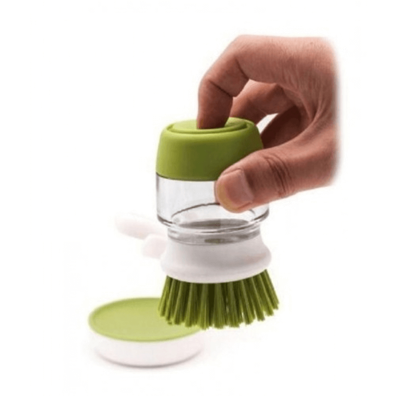 Dish washing brush with washing up liquid soap dispenser storage stand