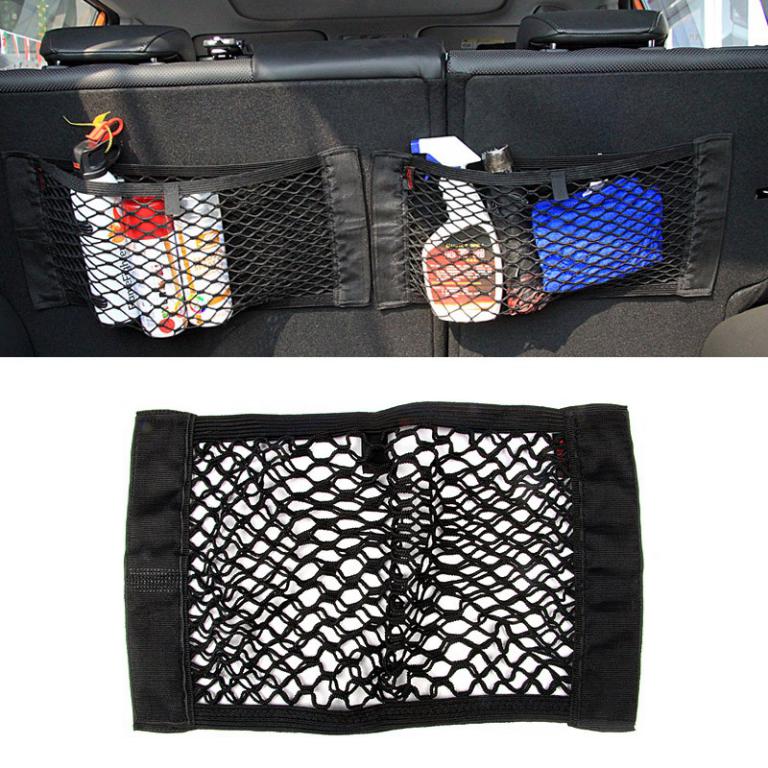 Rear trunk back seat elastic string net mesh storage bag
