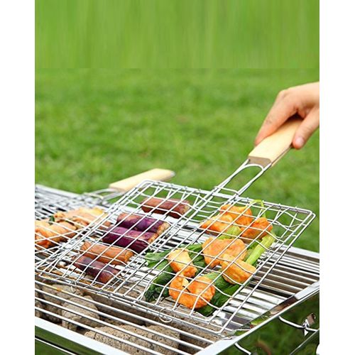 Chrome plated barbecue grill net basket + wood handle small