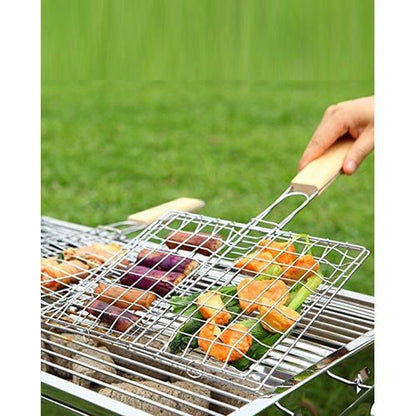 Chrome plated barbecue grill net basket + wood handle small
