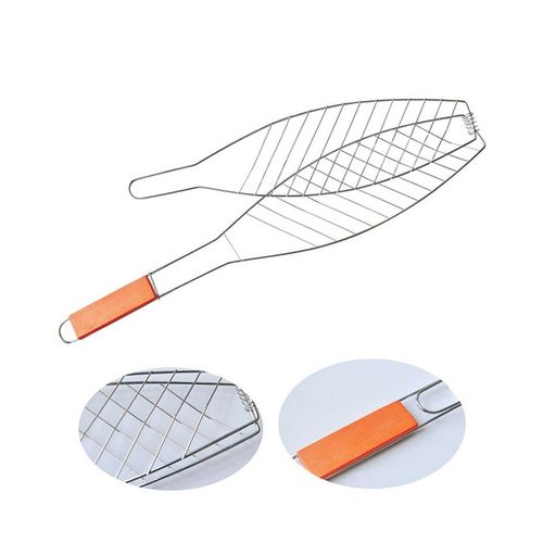 Fish grill basket + outdoor barbecue grill clip +wood handle