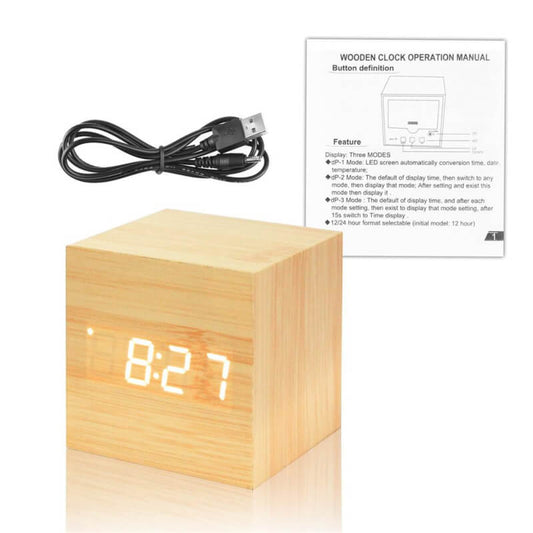 Wooden thermometer digital led alarm clock with light, voice