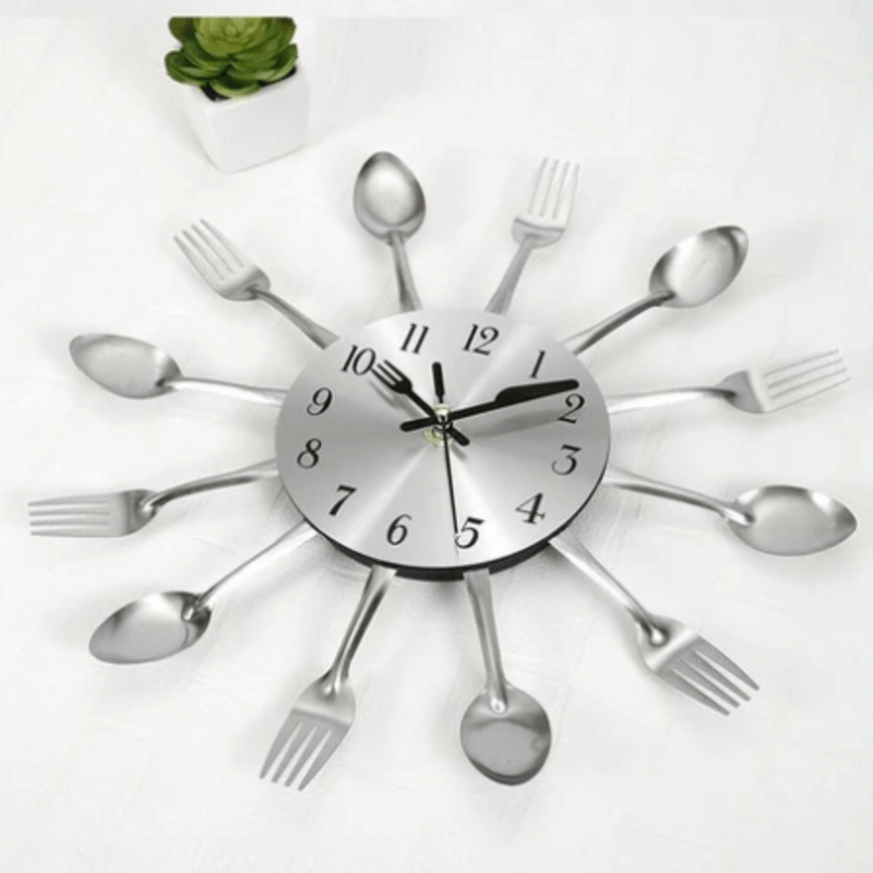 Silver fork spoon kitchen cutlery wall clock 