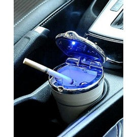 Led chrome ashtray with blue led for cars - silver