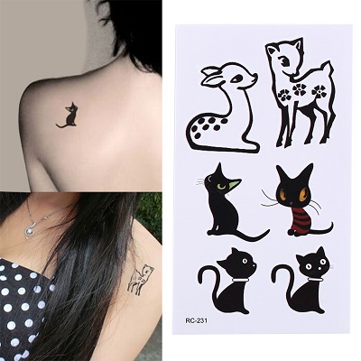 Body-Art-Glitter-Tattoo-Stickers-Black-Cat-Deer-Pattern